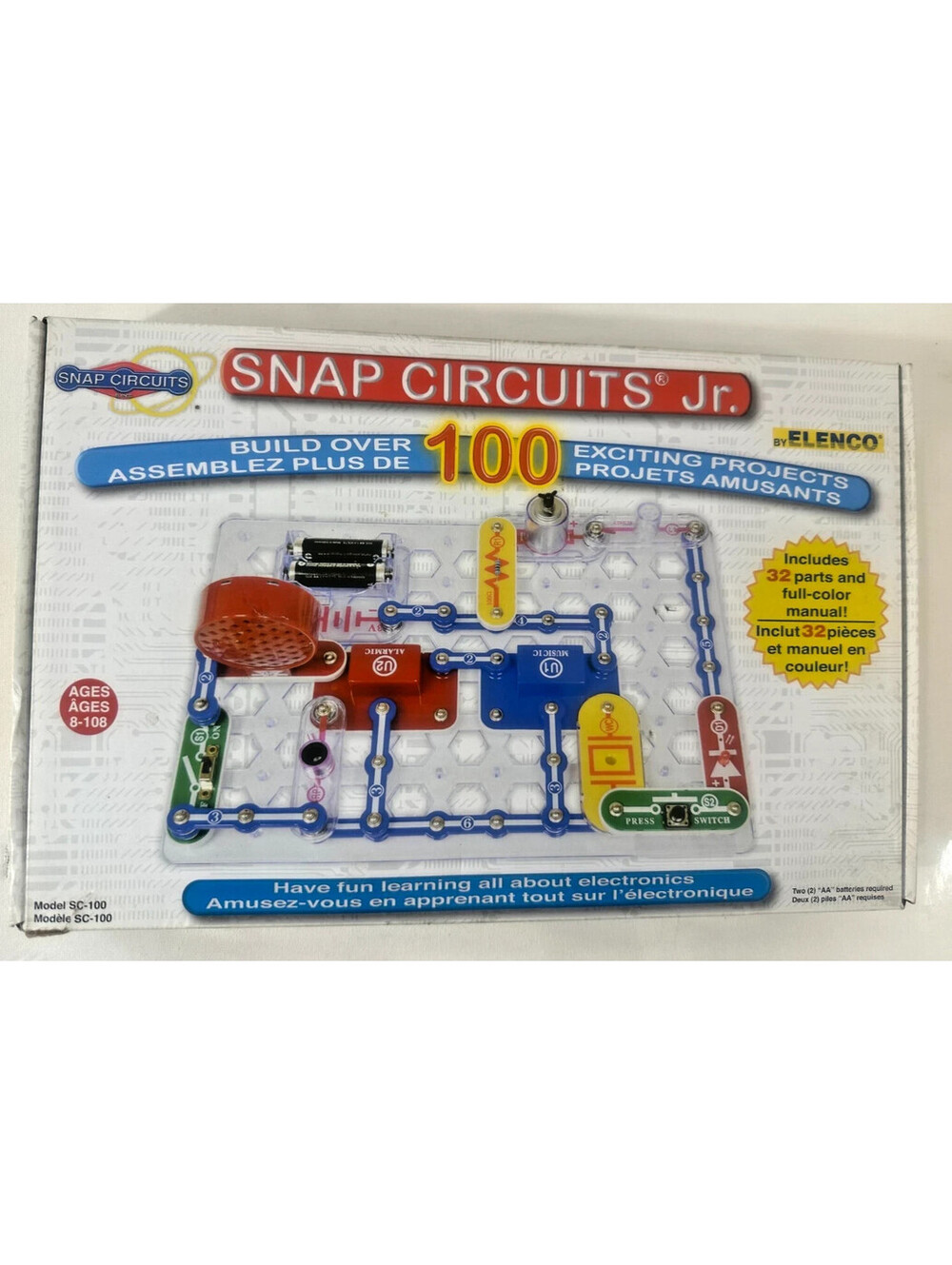 Snap Circuits Jr SC-100 Elenco Bilingual English French STEM Toy 32 Parts Open